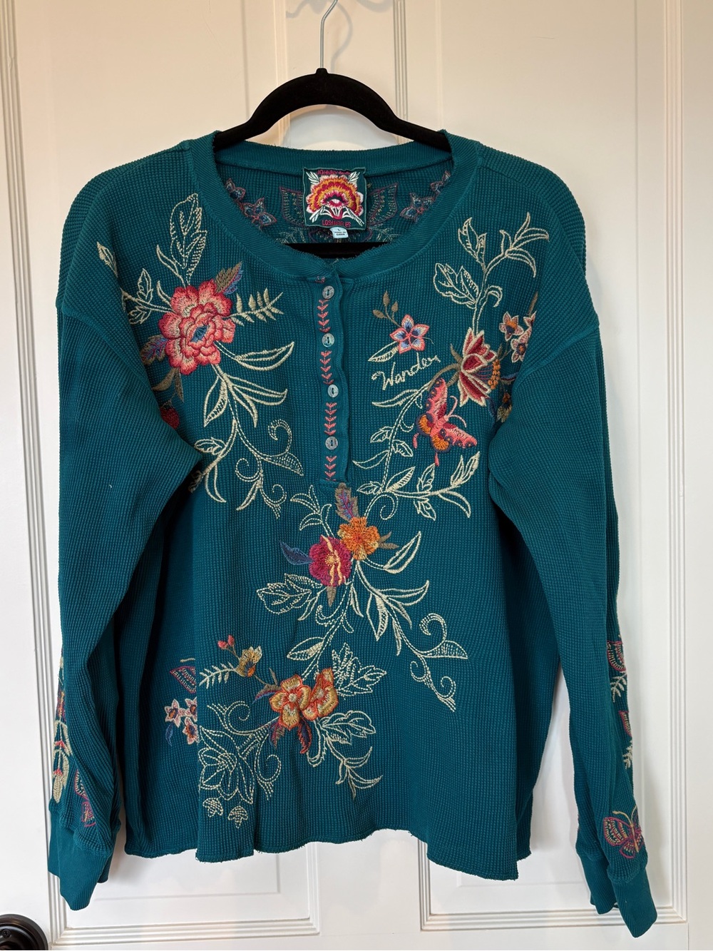 Johnny Was Wander Teal Floral Embroidered Henley Top